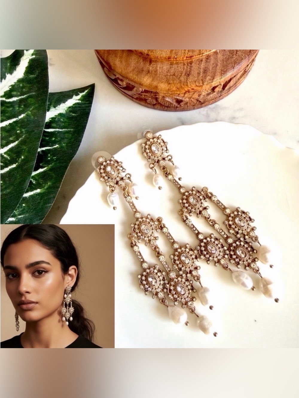 Antiqued Gold Chandelier Rhinestone Faux Pearl Earrings Jhumka Bridal Gift NEW